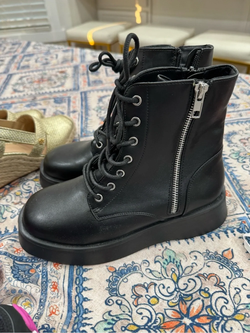 Steve Madden Black Lace-Up Platform Combat Boots with Side Zip